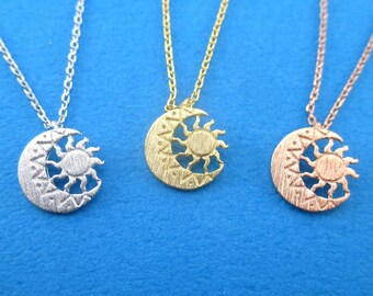 Zon in maansikkel maanfase hemelse hanger ketting in zilver goud of roségoud | Minimale handgemaakte sieraden met kosmische ruimtethema