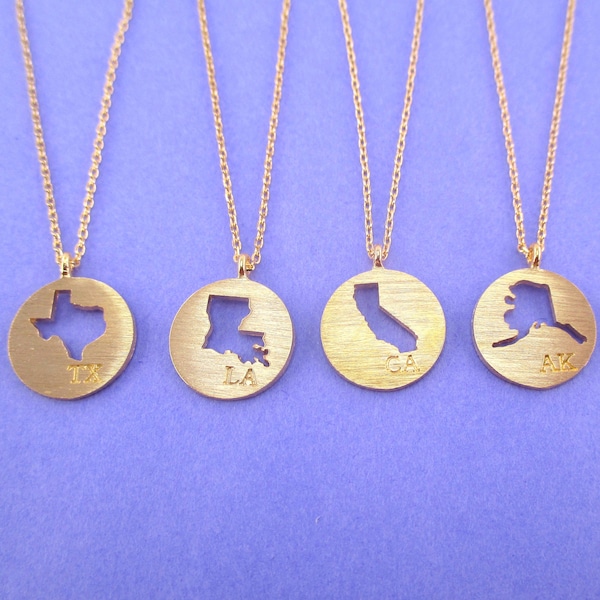 US America Home State Texas TX Louisiana LA California Ca Alaska Ak Round Dye Cut Silhouette Necklace in Gold | Minimal Handmade Jewelry