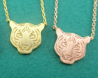 Bengal Siberian Tiger Face Shaped Animal Themed Pendant Necklace in Silver Gold or Rose Gold | Handmade Jewelry for Animal Lovers