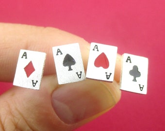 Straight Flush Four of A Kind Playing Cards Aces Shaped Poker Bridge .925 Sterling Silver Stud Earrings | Minimal Gambling Inspired Jewelry