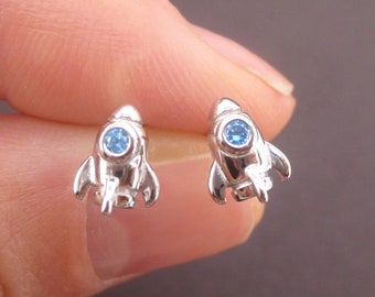 Tiny Spaceship Rocket Starship Shaped Outer Space Themed Stud Earrings in 925 Sterling Silver | Minimal Handmade Universe Themed Jewelry