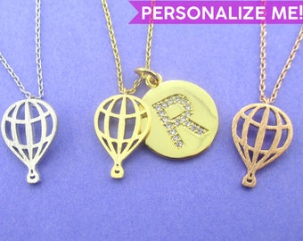 Hot Air Balloon Cut Out Shaped Pendant Necklace in Silver, Gold or Rose Gold | Minimalistic Handmade Jewelry | Personalize With Your Initial