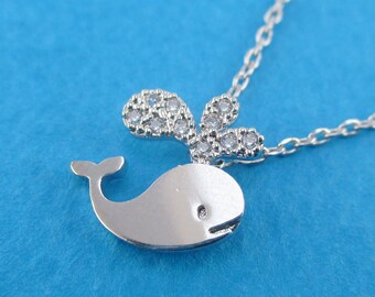 Cute Little Whale Aquatic Marine Animal Shaped Rhinestone Pendant Necklace in Silver | Minimalistic Handmade Sea Creatures Animal Jewelry