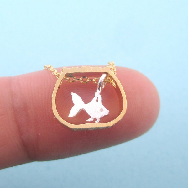 Miniature Goldfish in a Fish Bowl Shaped Minimal Charm Necklace in Silver or Gold | Handmade Animal Jewelry