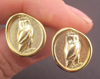 Round Owl Wax Seal Shaped Owl Post Stud Earrings in Silver or Gold | Minimalistic Handmade Animal Jewelry