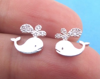 Cute Little Whale Shaped Rhinestone Stud Earrings in 925 Sterling Silver | Handmade Minimal Jewelry for Animal Lovers