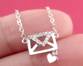 Love Letter Rhinestone Envelope and Heart Shaped Pendant Necklace in Silver | Handmade Simple and Dainty Jewelry