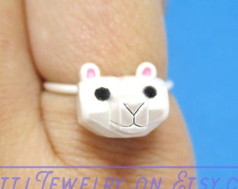 3D Polar Bear Face Shaped Animal Ring in Silver with Rhinestone Eyes | Size 6