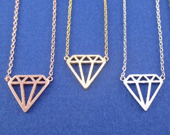 Classic Diamond Outline Shaped Pendant Necklace in Silver Gold or Rose Gold