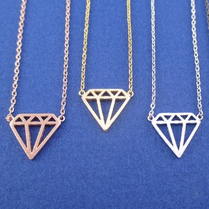 Classic Diamond Outline Shaped Pendant Necklace in Silver Gold or Rose Gold
