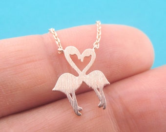 Flamingo Bird Silhouette Shaped Pendant Necklace in Rose Gold or Silver | Small Minimal Dainty Handmade Animal Jewelry