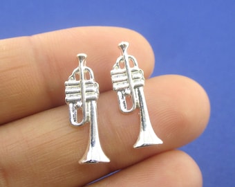 Musical Themed Miniature Trumpet Shaped Allergy Free Stud Earrings Silver  | Minimalistic Handmade Jewelry