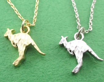 Hammered Kangaroo Silhouette Shaped Animal Pendant Necklace in Silver or Gold | Handmade Animal Jewelry