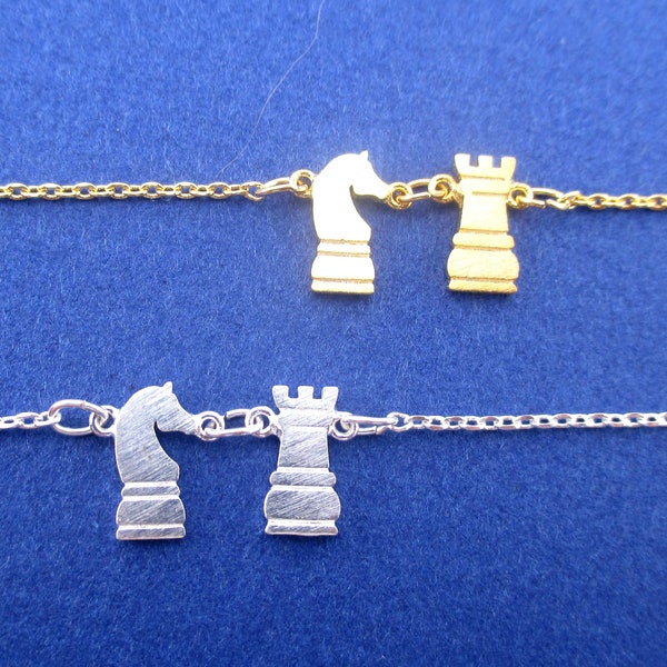 Knight and Rook Chess Piece Checkmate Charm Necklace in Silver or Gold | Handmade Minimal Jewelry