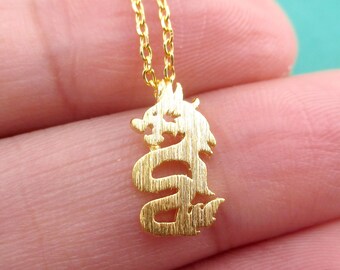 Mythical Dragon Silhouette Shaped Pendant Necklace in Gold | Handmade Animal Jewelry