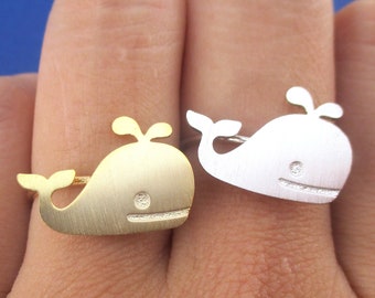 Cute and Simple Blue Whale Silhouette Shaped Adjustable Ring in Gold or Silver | Handmade Animal Jewelry