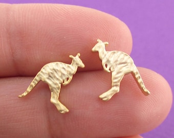 Kangaroo Wallaby Silhouette Shaped Allergy Free Textured Stud Earrings in Gold or Silver  | Minimal Handmade Animal Inspired Jewelry