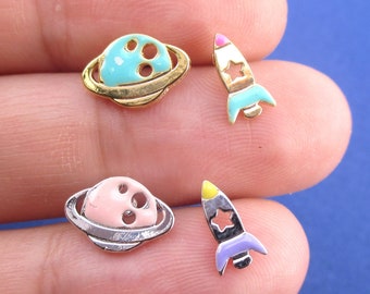 Saturn Planet and Spaceship Rocket Space Travel Themed Stud Earrings in Gold or Silver with Enamel | Minimalistic Handmade Animal Jewelry