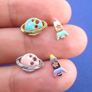 Saturn Planet and Spaceship Rocket Space Travel Themed Stud Earrings in Gold or Silver with Enamel | Minimalistic Handmade Animal Jewelry