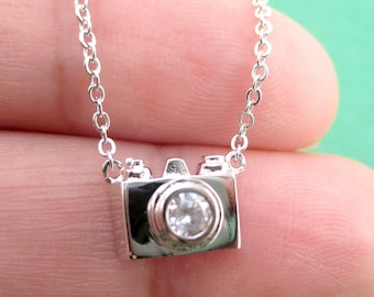 Tiny 3D Camera Shaped Rhinestone Photography Lens Pendant Necklace in Silver | Handmade Simple and Dainty Jewelry