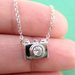 Tiny 3D Camera Shaped Rhinestone Photography Lens Pendant Necklace in Silver | Handmade Simple and Dainty Jewelry