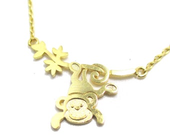 Adorable Monkey Hanging from a Tree Shaped Charm Necklace in Gold | Handmade Animal Jewelry