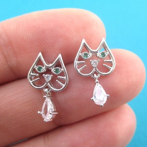 SALE: Kitty Tabby Cat Face Outline Shaped Rhinestone Earrings in Rose Gold or Silver | Handmade Animal Jewelry for Cat Lovers and Cat People