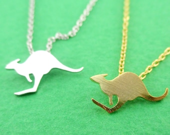 Minimal Kangaroo Silhouette Shaped Pendant Necklace in Silver or Gold | Handmade Animal Jewelry