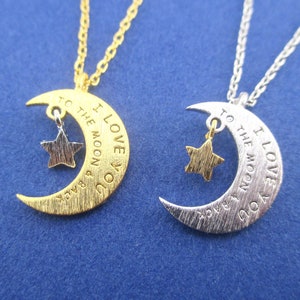 Collier croissant de lune et étoile avec « Je t&#39;aime sur la lune et dans le dos » gravés sur le devant en or ou en argent | Bijoux délicats faits main