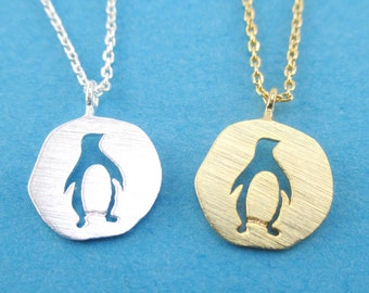 Emperor Penguin Cut Out Shaped Round Pendant Necklace in Silver or Gold | Minimalistic Handmade Animal Jewelry