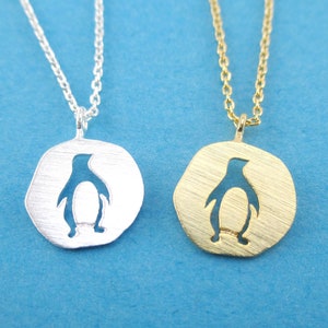 Emperor Penguin Cut Out Shaped Round Pendant Necklace in Silver or Gold | Minimalistic Handmade Animal Jewelry