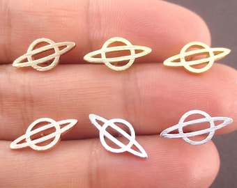 Small Planet Saturn Outline Shaped Universe Themed .925 Sterling Silver Stud Earrings in Silver Rose Gold or Gold | Minimal Handmade Jewelry