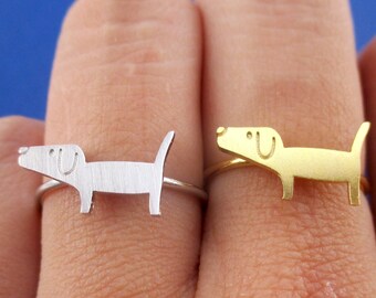 Bague ajustable minimaliste en forme de chien wiener teckel en or ou argent | Bijoux animaux faits main