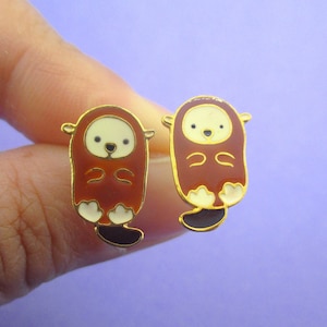 Adorable Baby Sea Otter Mustelids Weasel Mink Shaped Enamel Stud Earrings in Brass | Handmade Animal Jewelry