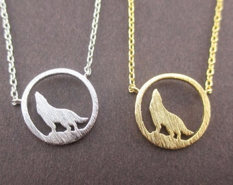 Gray Lone Wolf Howling Full Moon Dye Cut Shaped Round Pendant Necklace in Gold Silver or Rose Gold | Handmade Animal Jewelry