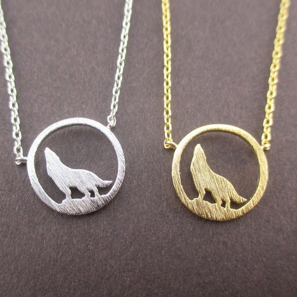 Gray Lone Wolf Howling Full Moon Dye Cut Shaped Round Pendant Necklace in Gold Silver or Rose Gold | Handmade Animal Jewelry
