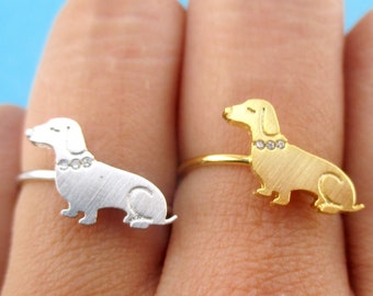 Anel ajustável em formato de coleira de strass para cachorro Dachshund em prata ou ouro | Joias artesanais para animais