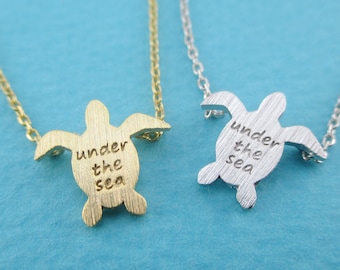 Sea Turtle Shaped Under The Sea Quote Pendant Necklace in Gold or Silver | Minimalistic Handmade Sea Creatures Themed Animal Jewelry