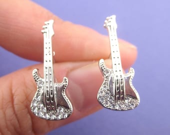 3D Miniature Electric Bass Guitar Shaped Musical Instrument Stud Earrings in Silver or Gold | Minimalistic Handmade Jewelry