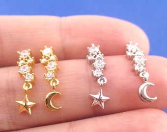 Row of Rhinestones Shiny Crescent Moon and Stars Charm Drop Stud Earrings in Gold or Silver | Minimalistic Space Themed Handmade Jewelry