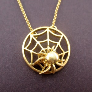 Tarantula on a Spider Web Shaped Pendant Necklace in Gold | Handmade Jewelry for Insect and Bug Lovers