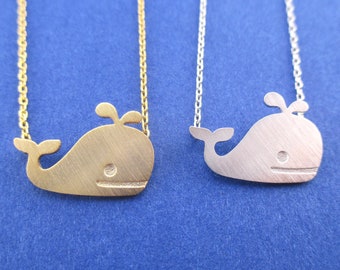 Classic Smiling Happy Whale Shaped Animal Charm Necklace in Silver or Gold | Handmade Animal Jewelry