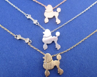 French Poodle and Dog Bone Silhouette Shaped Pendant Necklace in Gold Silver or Rose Gold | Handmade Animal Jewelry for Dog Lovers