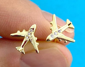 Travel Inspired Airplane Aeroplane Shaped Wanderlust .925 Sterling Silver Rhinestone Earrings in Gold or Silver | Minimal Handmade Jewelry