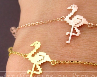 Pixelated Flamingo Bird Shaped Charm Bracelet in Gold or Rose Gold for Animal Lovers | Minimalistic Handmade Animal Jewelry