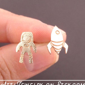 Astronaut and Spaceship Rocket Space Travel Themed Stud Earrings in Rose Gold | Minimalistic Handmade Animal Jewelry