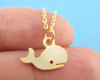 Cute and Simple Whale Silhouette Shaped Charm Necklace in Gold | Handmade Animal Jewelry