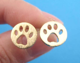 Round Paw Print Cut Out Shaped Allergy Free Stud Earrings in Gold | Handmade Animal Jewelry