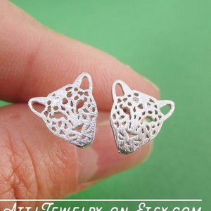 Leopard Wild Cats Jaguar Face Dye Cut Shaped Allergy Free Stud Earrings in Silver | Minimalistic Handmade Animal Jewelry