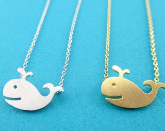 Simple Smiling Happy Whale Shaped Animal Charm Necklace in Silver or Gold | Handmade Animal Jewelry